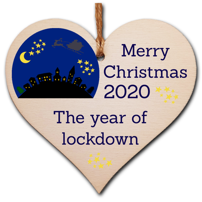 Handmade Wooden Hanging Heart Plaque Christmas Tree Bauble 2020 Year of Lockdown Family Celebration Winter Night Scene Snowglobe Design