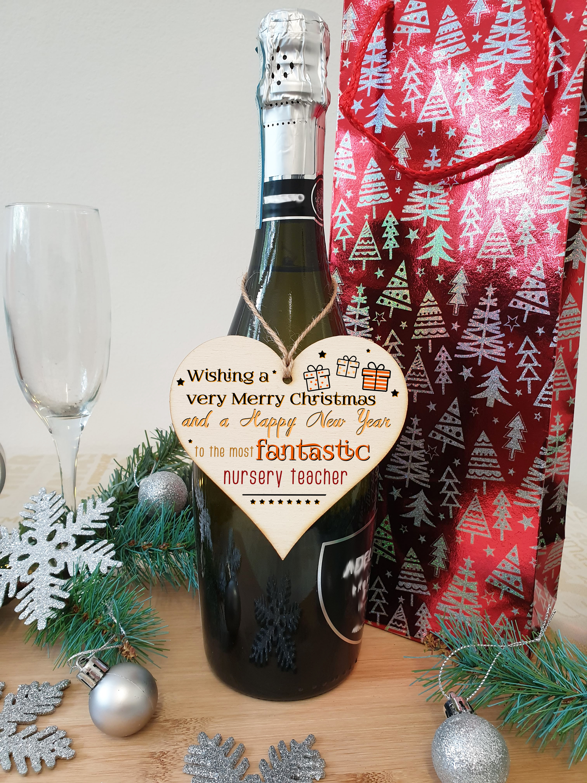Handmade Wooden Christmas Hanging Heart Plaque Gift Wishing Merry Xmas and happy new year to most fantastic nursery teacher card alternative funky wording
