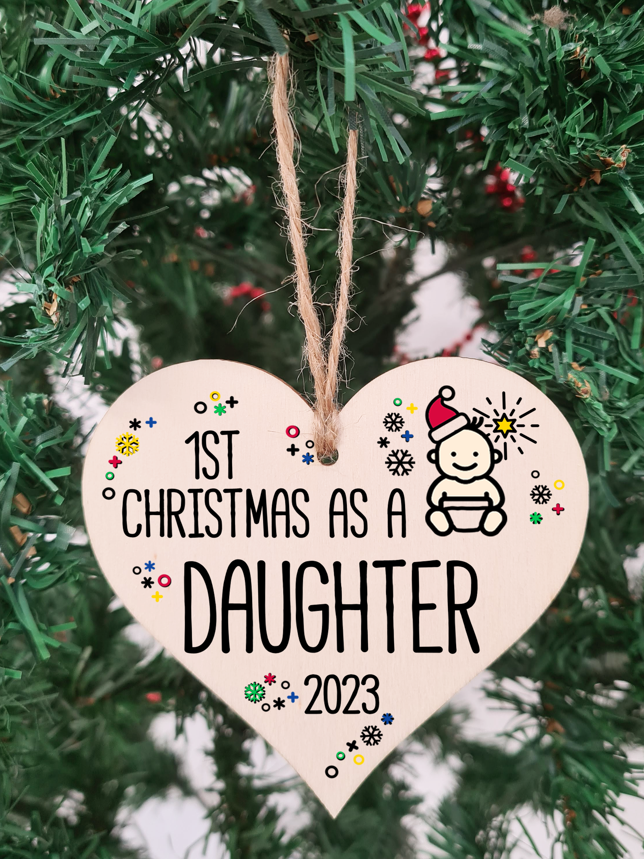 Handmade Wooden Christmas Hanging Heart Plaque Gift 1st Xmas as a Daughter new baby family celebration tree decoration present for family