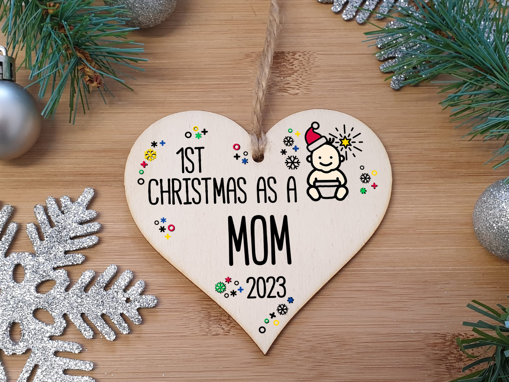Handmade Wooden Christmas Hanging Heart Plaque Gift 1st Xmas as a Mom new baby family celebration tree decoration present for family