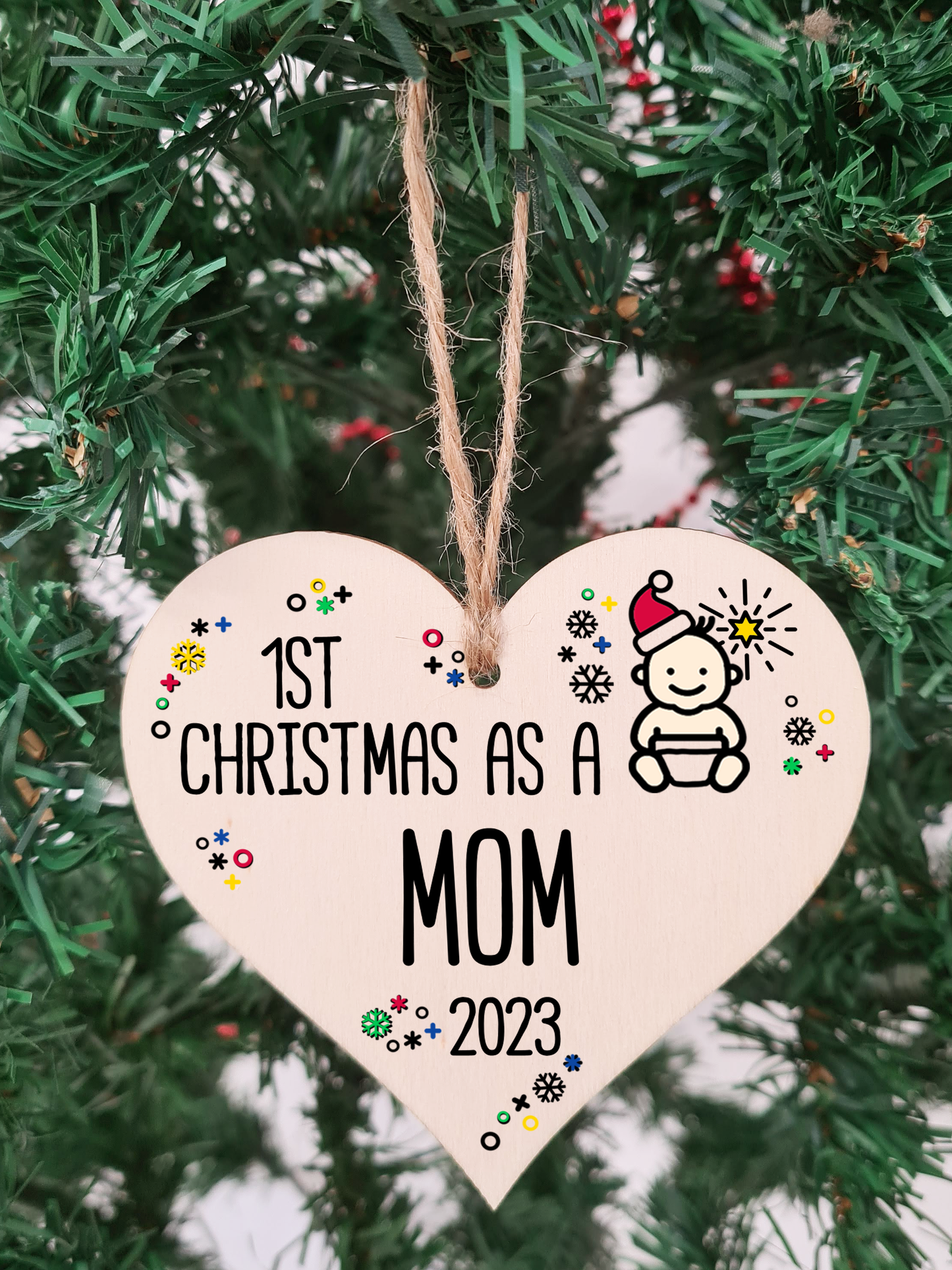 Handmade Wooden Christmas Hanging Heart Plaque Gift 1st Xmas as a Mom new baby family celebration tree decoration present for family