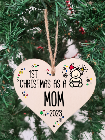 Handmade Wooden Christmas Hanging Heart Plaque Gift 1st Xmas as a Mom new baby family celebration tree decoration present for family