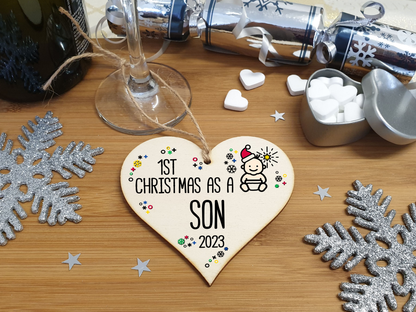 Handmade Wooden Christmas Hanging Heart Plaque Gift 1st Xmas as a Son new baby family celebration tree decoration present for family
