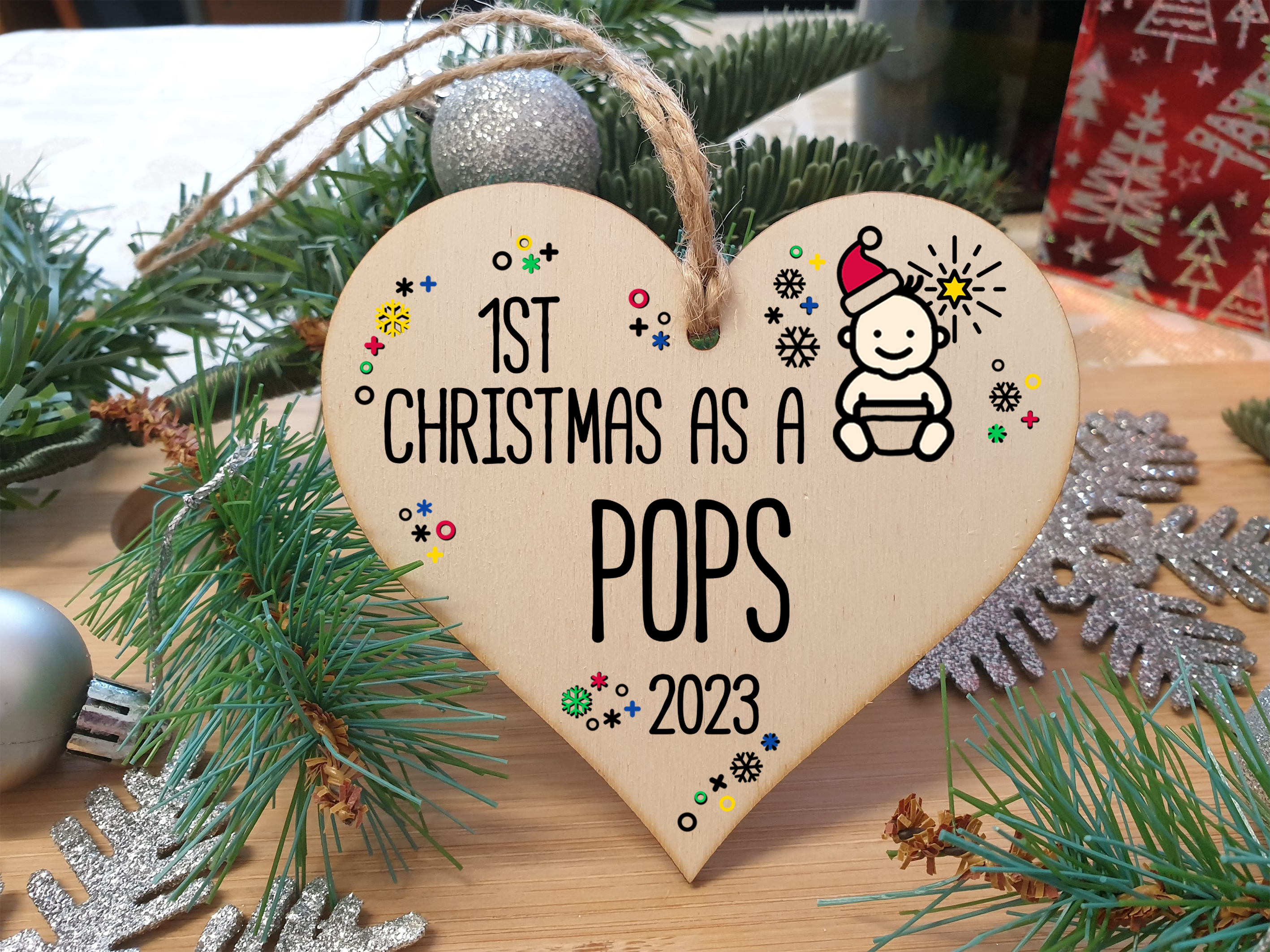 Handmade Wooden Christmas Hanging Heart Plaque Gift 1st Xmas as a Pops new baby family celebration tree decoration present for family