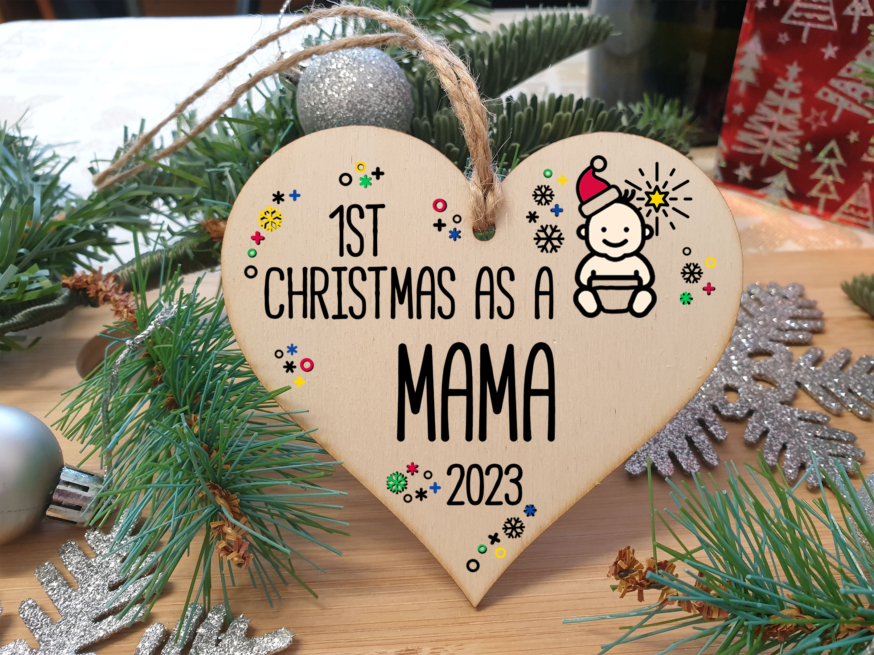 Handmade Wooden Christmas Hanging Heart Plaque Gift 1st Xmas as a Mama new baby family celebration tree decoration present for family