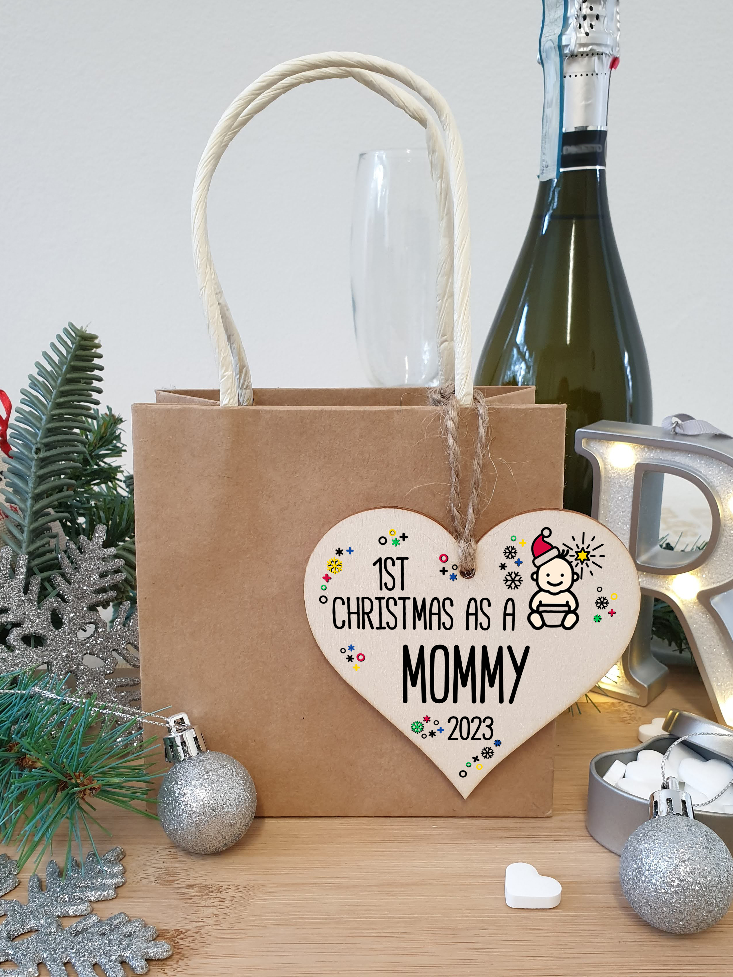 Handmade Wooden Christmas Hanging Heart Plaque Gift 1st Xmas as a Mommy new baby family celebration tree decoration present for family