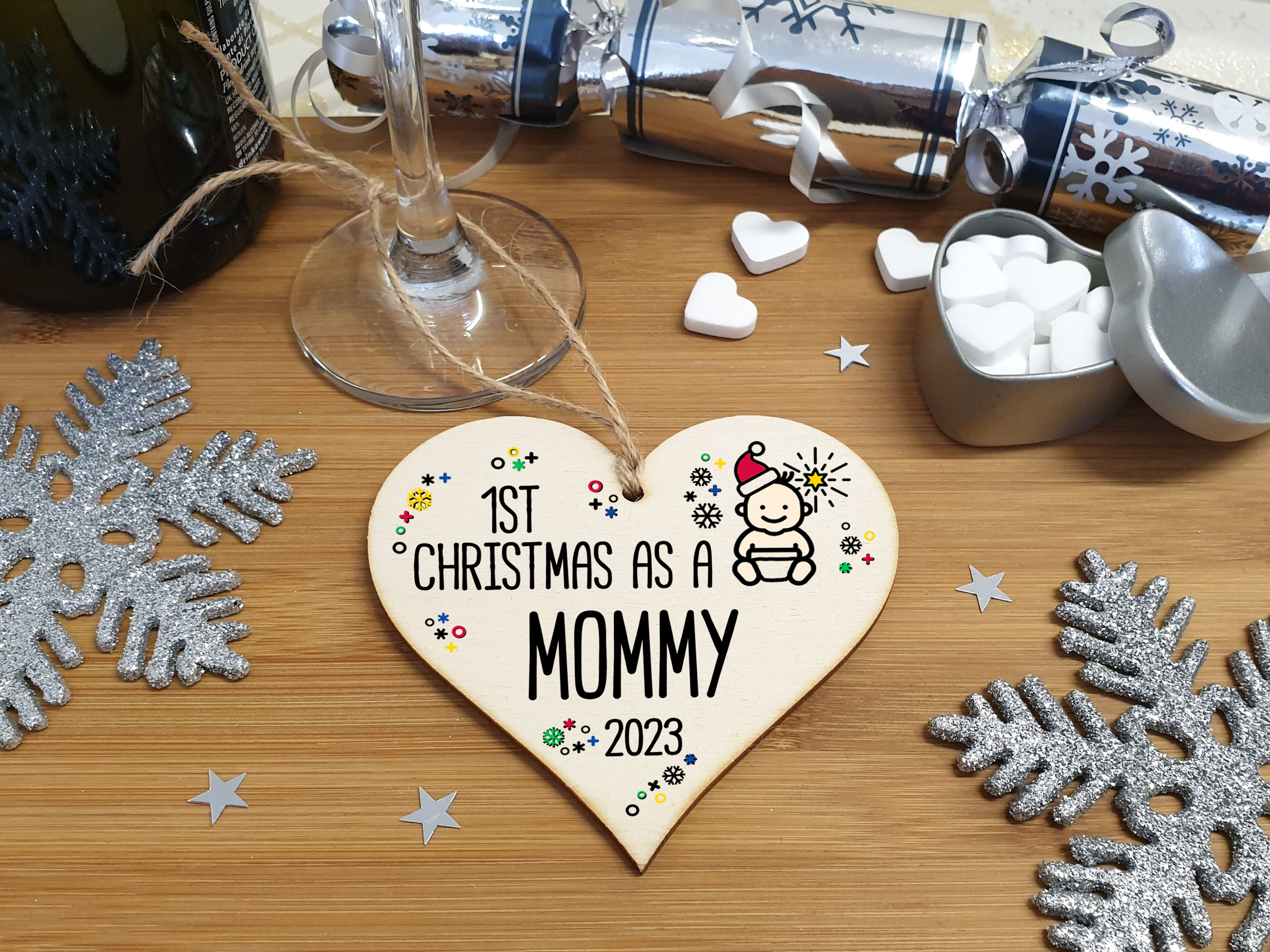 Handmade Wooden Christmas Hanging Heart Plaque Gift 1st Xmas as a Mommy new baby family celebration tree decoration present for family