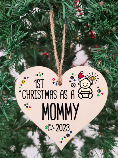 Handmade Wooden Christmas Hanging Heart Plaque Gift 1st Xmas as a Mommy new baby family celebration tree decoration present for family