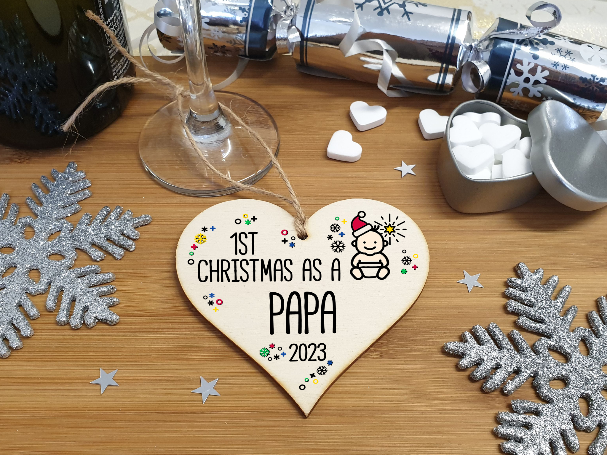 Handmade Wooden Christmas Hanging Heart Plaque Gift 1st Xmas as a Papa new baby family celebration tree decoration present for family