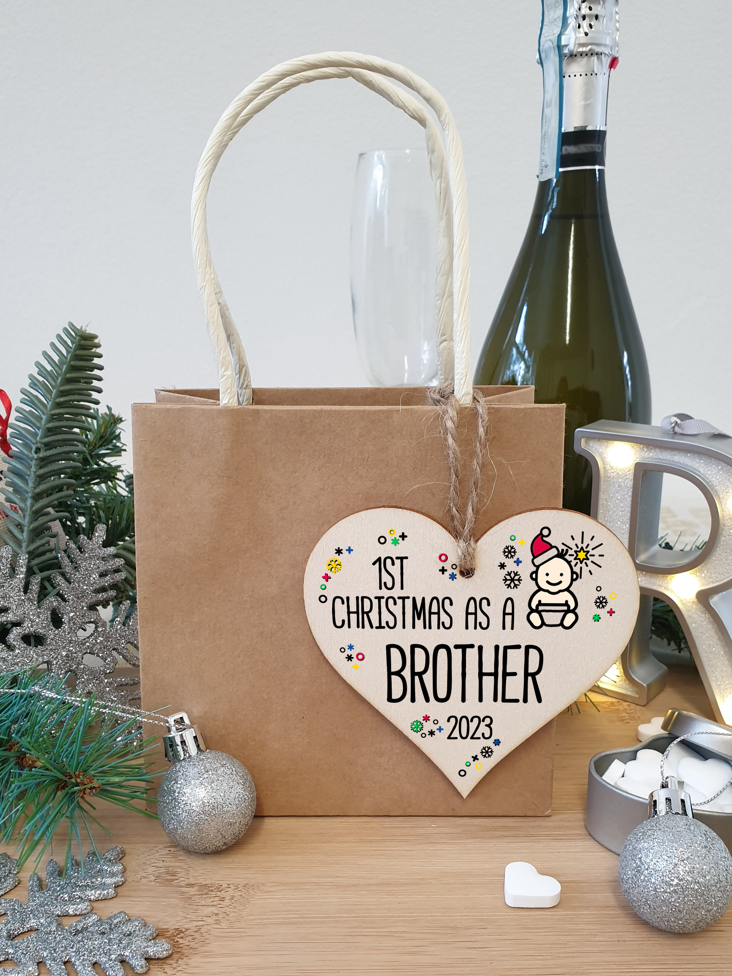 Handmade Wooden Christmas Hanging Heart Plaque Gift 1st Xmas as a Brother new baby family celebration tree decoration present for family