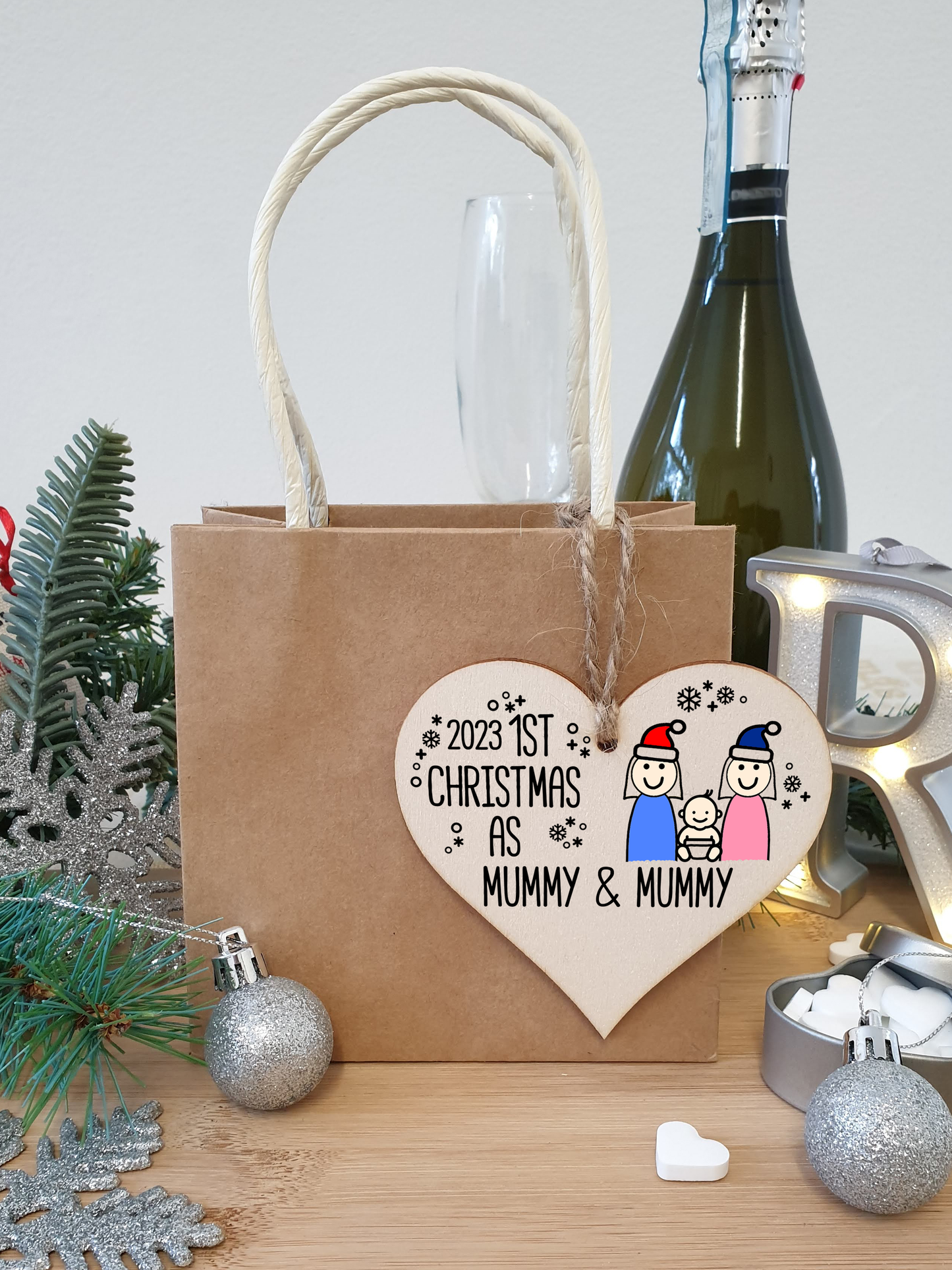 Handmade Wooden Christmas Hanging Heart Plaque Gift 1st Xmas as Mummy & Mummy commemorate new baby arrival new family same sex couple present tree decoration