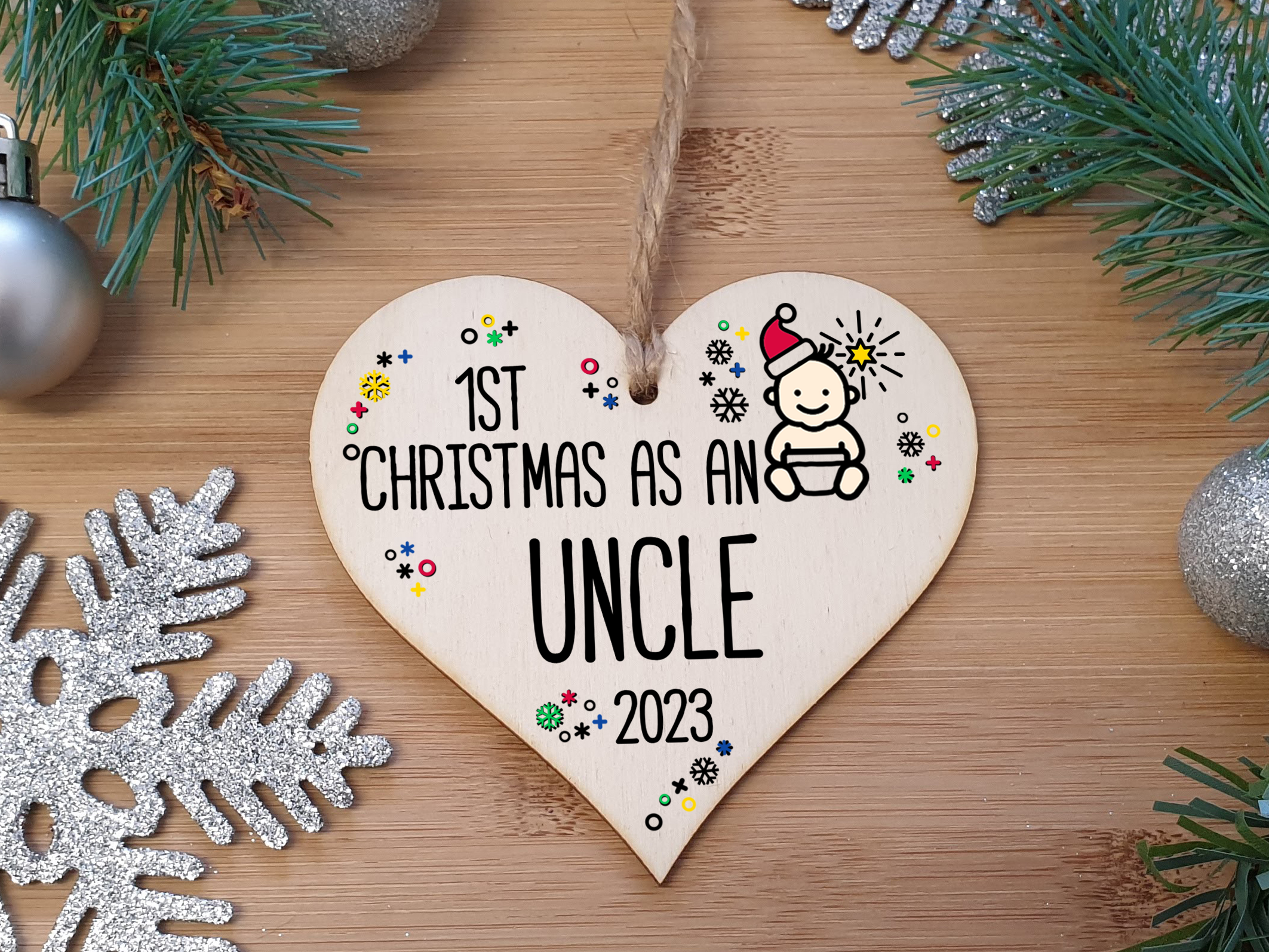 Handmade Wooden Christmas Hanging Heart Plaque Gift 1st Xmas as an Uncle new baby family celebration tree decoration present for family
