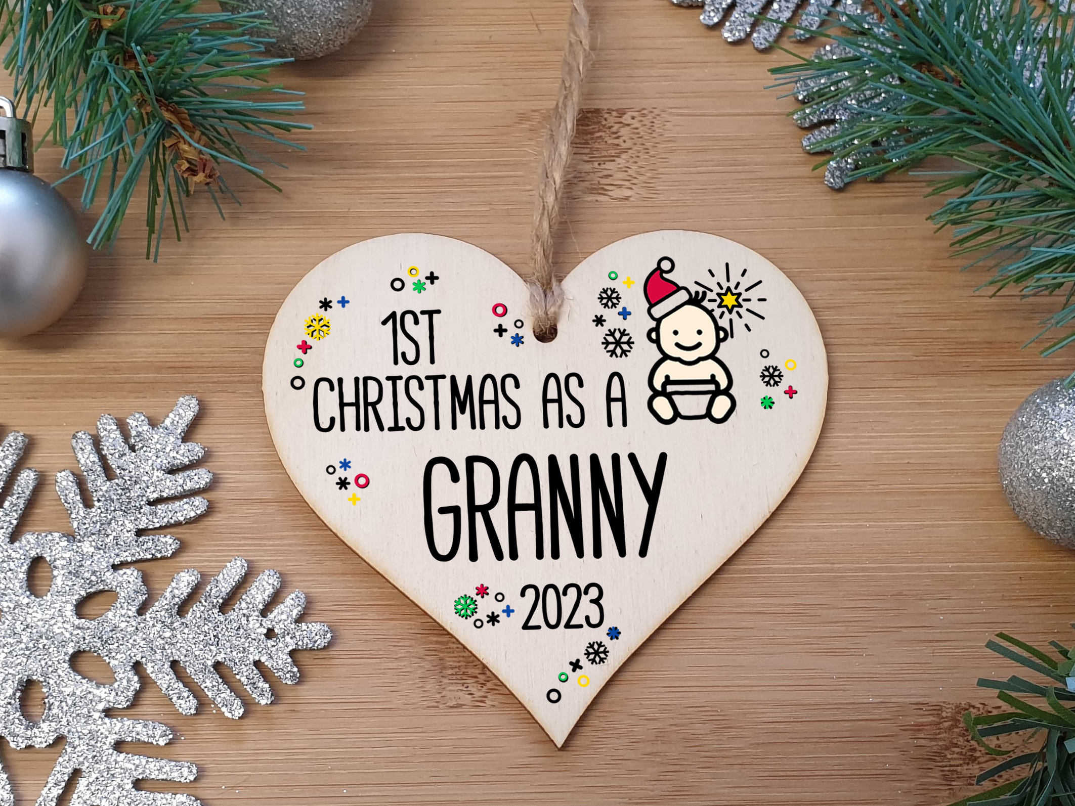 Handmade Wooden Christmas Hanging Heart Plaque Gift 1st Xmas as a Granny new baby family celebration tree decoration present for family