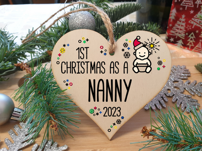 Handmade Wooden Christmas Hanging Heart Plaque Gift 1st Xmas as a Nanny new baby family celebration tree decoration present for family