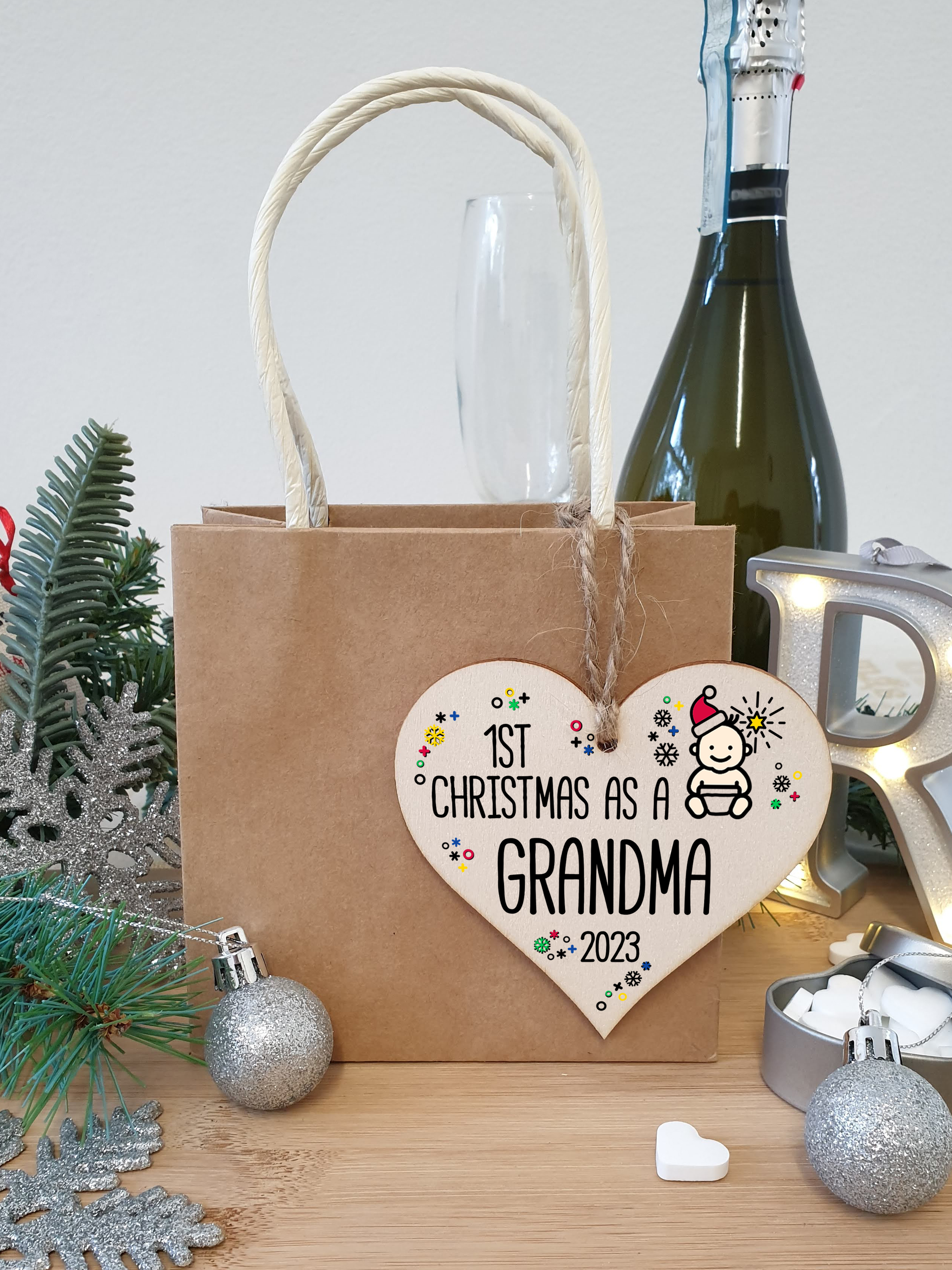 Handmade Wooden Christmas Hanging Heart Plaque Gift 1st Xmas as a Grandma new baby family celebration tree decoration present for family