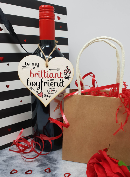 Handmade Wooden Hanging Heart Plaque Valentine's Gift to my Brilliant Boyfriend for someone special lover friend or partner romantic keepsake pretty floral decoration