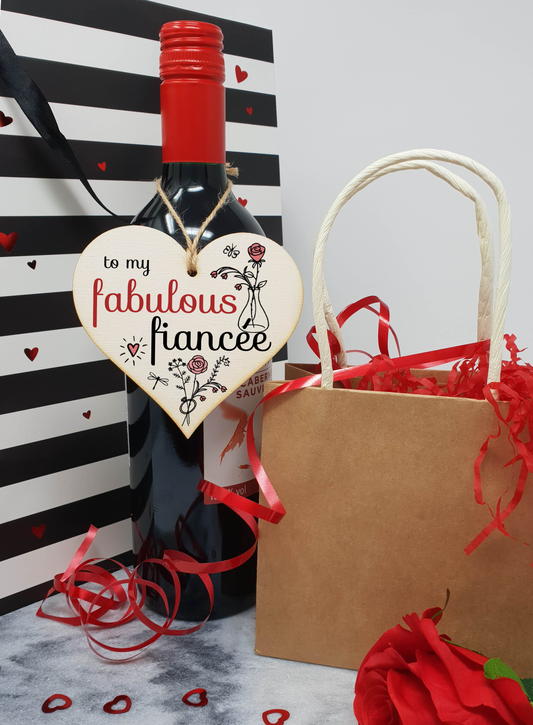 Handmade Wooden Hanging Heart Plaque Valentine's Gift to my Fabulous Fiancee for someone special future husband and wife romantic keepsake pretty floral decoration