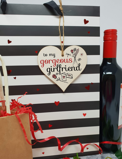 Handmade Wooden Hanging Heart Plaque Valentine's Gift to my Gorgeous Girlfriend for someone special boyfriend or partner romantic keepsake pretty floral decoration