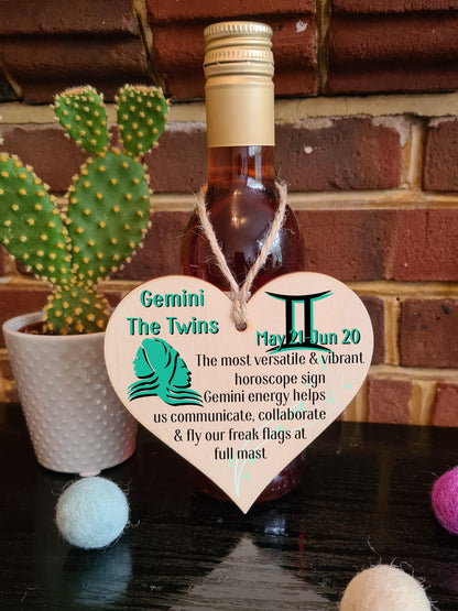 Handmade Wooden Hanging Heart Plaque Gift Signs of the Zodiac Gemini Astrological Star Sign Keepsake Card Alternative