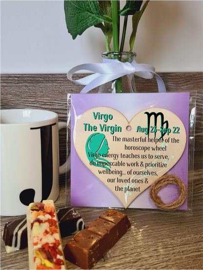 Handmade Wooden Hanging Heart Plaque Gift Signs of the Zodiac Virgo Astrological Star Sign Keepsake Card Alternative
