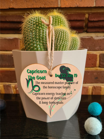 Handmade Wooden Hanging Heart Plaque Gift Signs of the Zodiac Capricorn Astrological Star Sign Keepsake Card Alternative