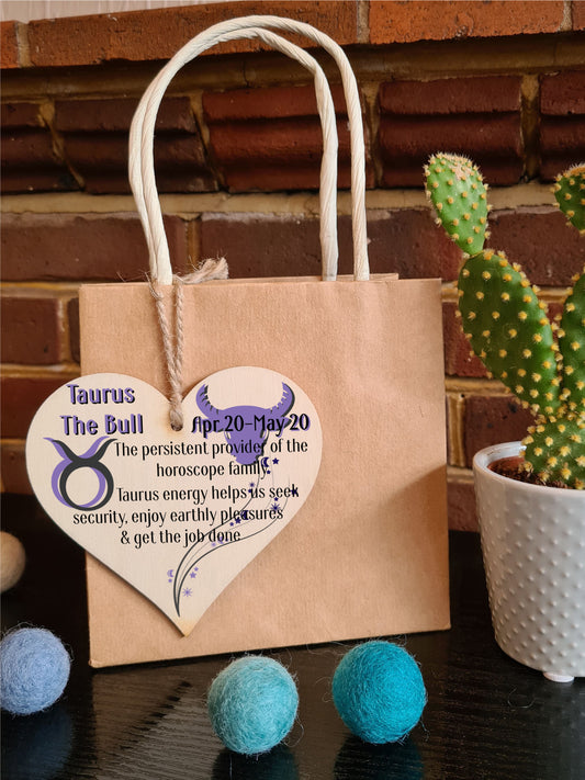 Handmade Wooden Hanging Heart Plaque Gift Signs of the Zodiac Taurus Astrological Star Sign Keepsake Card Alternative