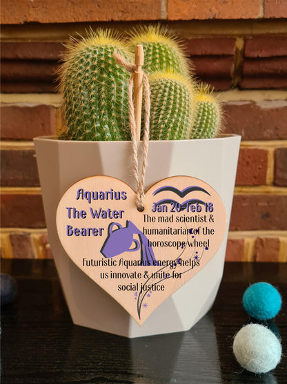 Handmade Wooden Hanging Heart Plaque Gift Signs of the Zodiac Aquarius Astrological Star Sign Keepsake Card Alternative