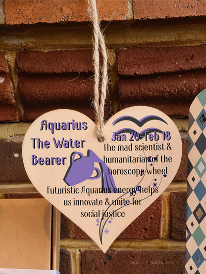 Handmade Wooden Hanging Heart Plaque Gift Signs of the Zodiac Aquarius Astrological Star Sign Keepsake Card Alternative