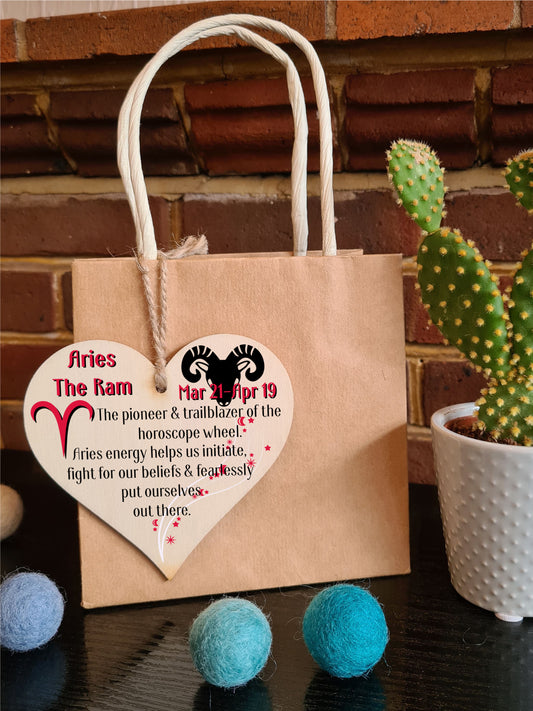 Handmade Wooden Hanging Heart Plaque Gift Signs of the Zodiac Aries Astrological Star Sign Keepsake Card Alternative