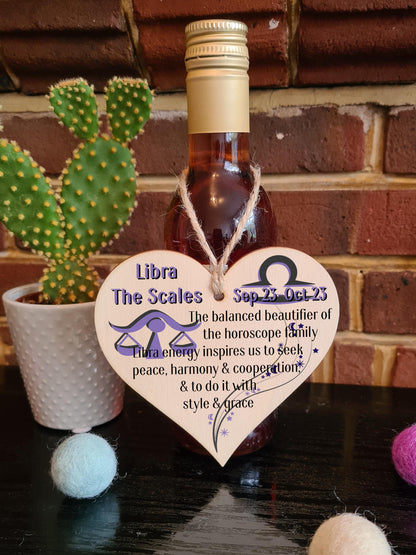 Handmade Wooden Hanging Heart Plaque Gift Signs of the Zodiac Libra Astrological Star Sign Keepsake Card Alternative