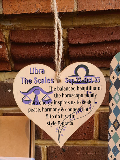 Handmade Wooden Hanging Heart Plaque Gift Signs of the Zodiac Libra Astrological Star Sign Keepsake Card Alternative