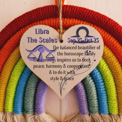 Handmade Wooden Hanging Heart Plaque Gift Signs of the Zodiac Libra Astrological Star Sign Keepsake Card Alternative