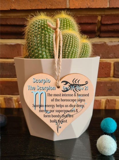 Handmade Wooden Hanging Heart Plaque Gift Signs of the Zodiac Scorpio Astrological Star Sign Keepsake Card Alternative