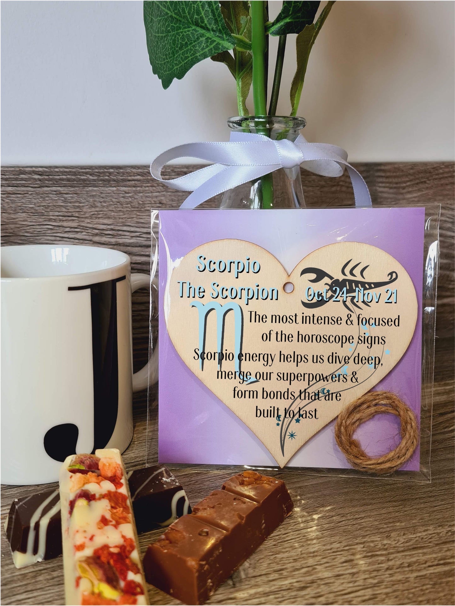 Handmade Wooden Hanging Heart Plaque Gift Signs of the Zodiac Scorpio Astrological Star Sign Keepsake Card Alternative