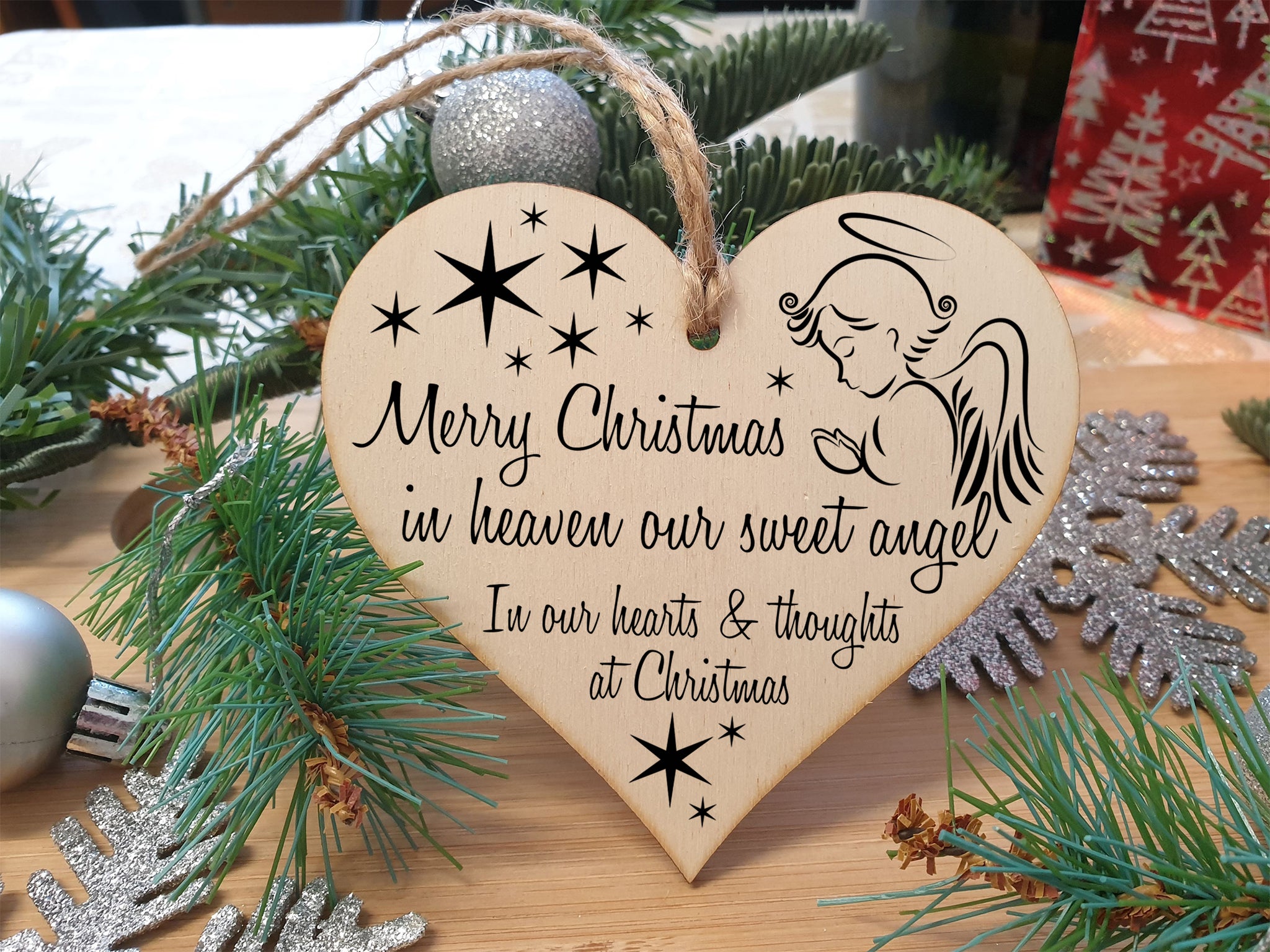 Handmade Christmas Hanging Wooden Heart Plaque Decoration Gift to Remember Lost Loved Ones festive bauble