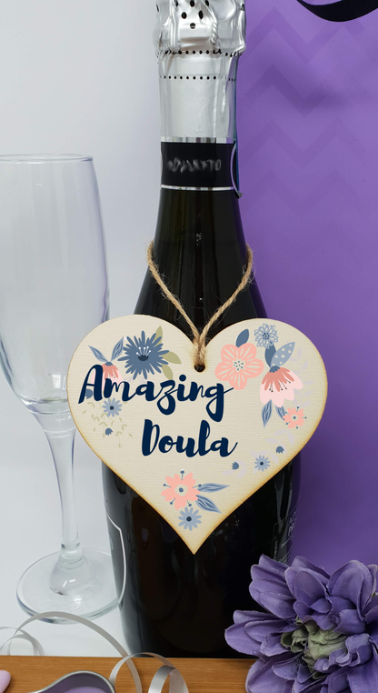 Handmade Wooden Hanging Heart Plaque Gift Amazing Doula Thank You Special Someone Present Floral Style from new mum parents