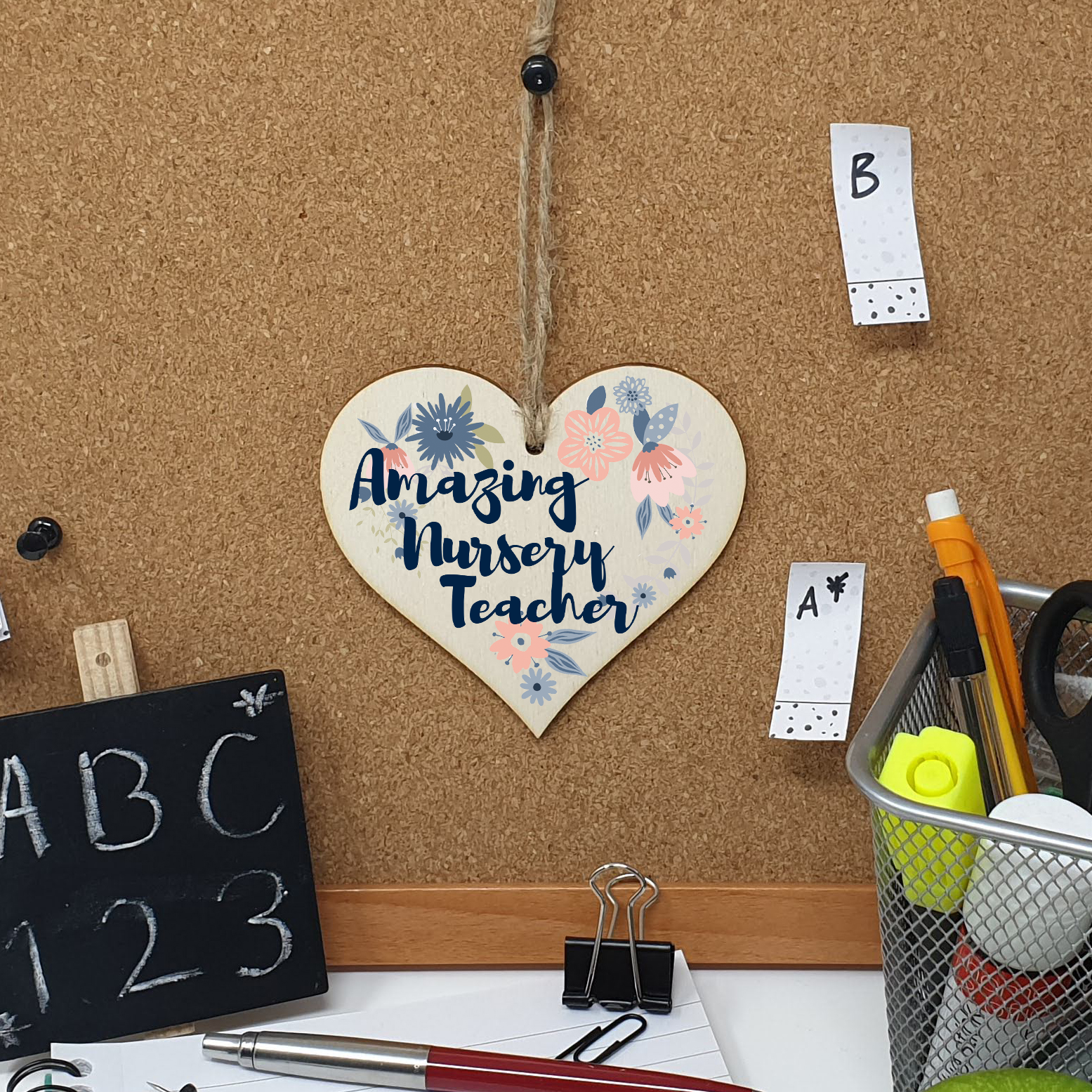 Handmade Wooden Hanging Heart Plaque Gift Amazing Nursery Teacher Thank You Special Someone Floral Style Present from child