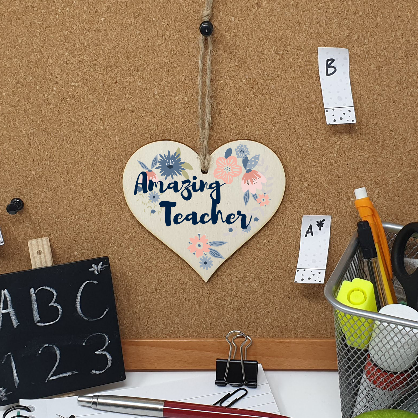 Handmade Wooden Hanging Heart Plaque Gift Amazing Teacher Thank You Special Someone Floral Style Present from child