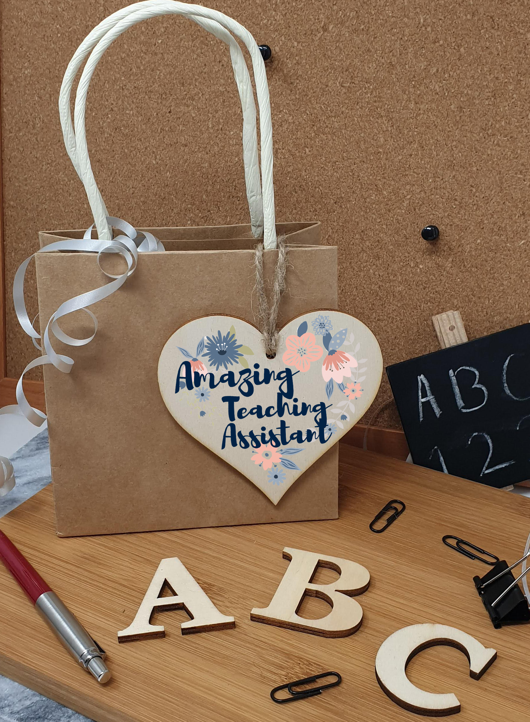 Handmade Wooden Hanging Heart Plaque Gift Amazing Teaching Assistant Thank You Special Someone Floral Style Present from child