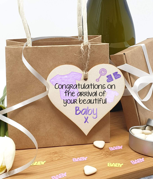 Handmade Wooden Hanging Heart Plaque Gift Congratulations on the arrival of your beautiful baby new baby present new parents lilac gender neutral nursery wall decoration crayon style