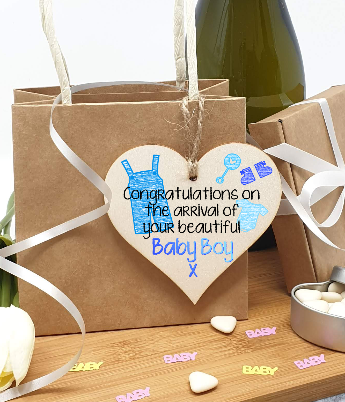 Handmade Wooden Hanging Heart Plaque Gift Congratulations on the arrival of your beautiful baby boy new baby present new parents blue nursery wall decoration crayon style