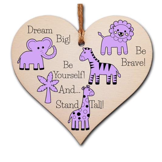 Handmade Wooden Hanging Heart Plaque Gift Be Brave Dream Big Be Yourself And Stand Tall new baby present new parents lilac gender neutral safari animals nursery wall decoration