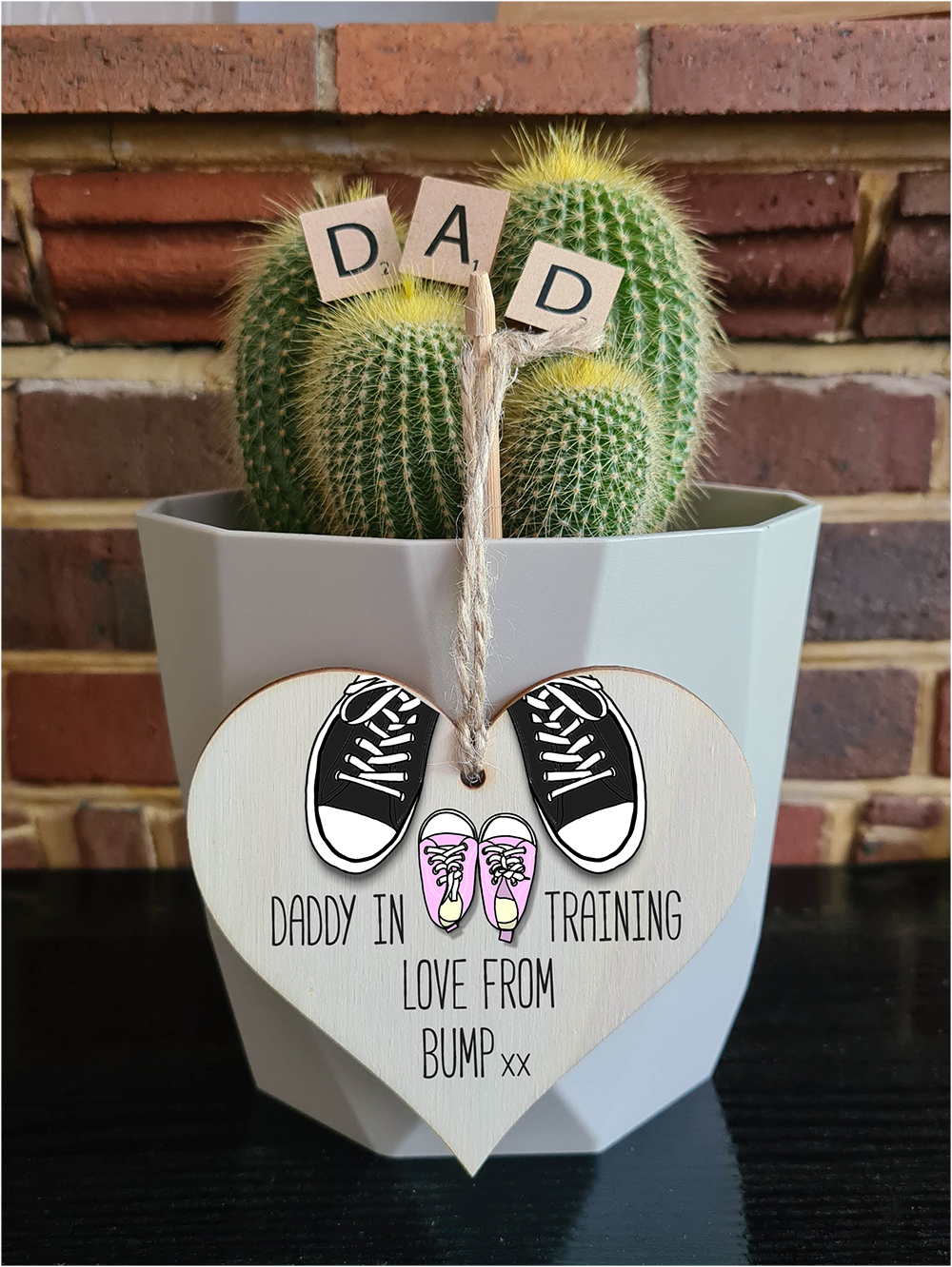 Handmade Wooden Hanging Heart Plaque Gift Daddy in training, love from bump cute little pink shoes dad to be gift tag for from baby girl boy neutral expectant parent card alternative father's day
