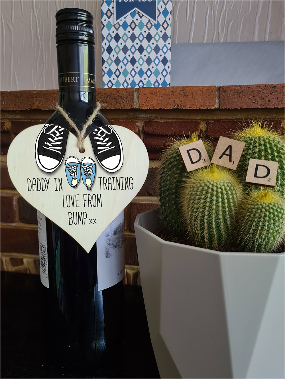 Handmade Wooden Hanging Heart Plaque Gift Daddy in training, love from bump cute little blue shoes dad to be gift tag for from baby girl boy neutral expectant parent card alternative father's day