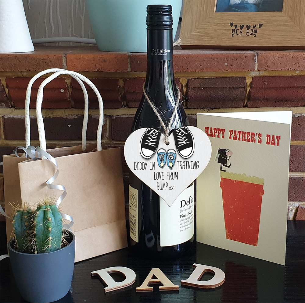 Handmade Wooden Hanging Heart Plaque Gift Daddy in training, love from bump cute little blue shoes dad to be gift tag for from baby girl boy neutral expectant parent card alternative father's day